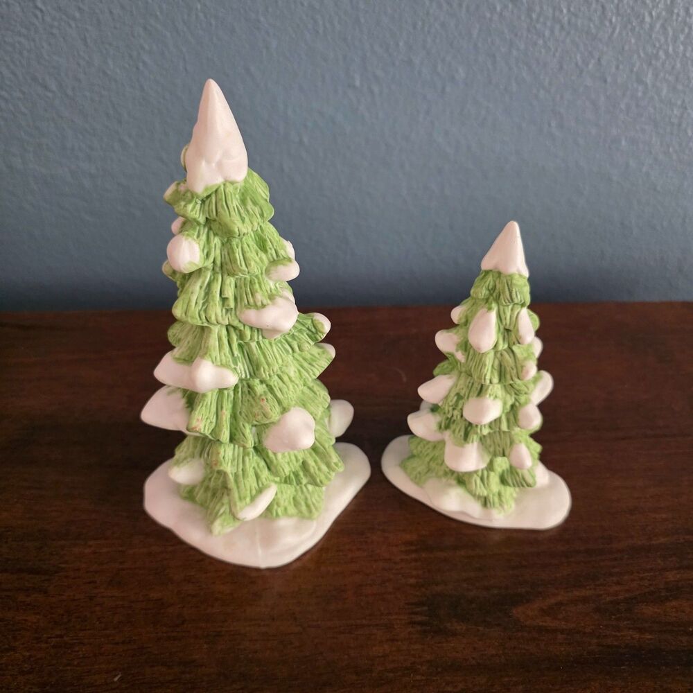Department 56 Village Ceramic Snowy Evergreen Pine Christmas Tree Lot of 2 VTG